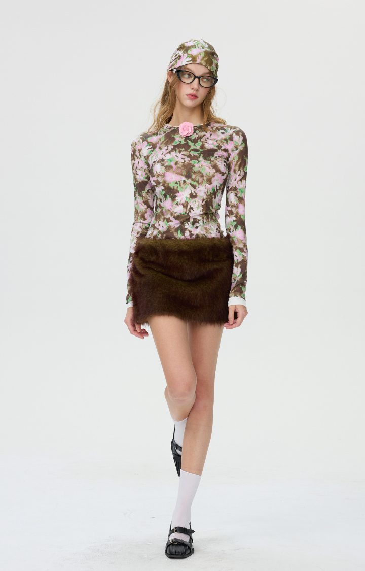 FAUX-FUR LOW-RISE MINI SKIRT IN FOREST-MOSS BLEND