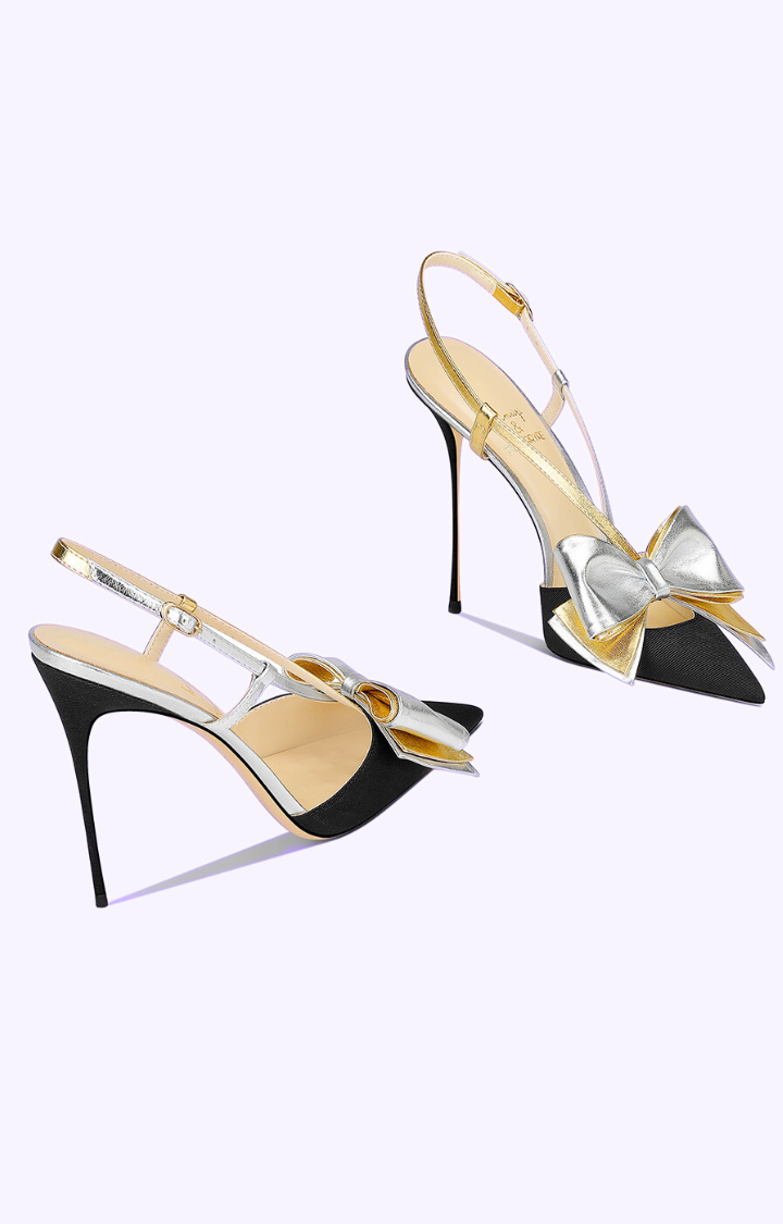 GLITTER BOW RIOT SLINGBACK STILETTOS IN SILVER OBSESSION