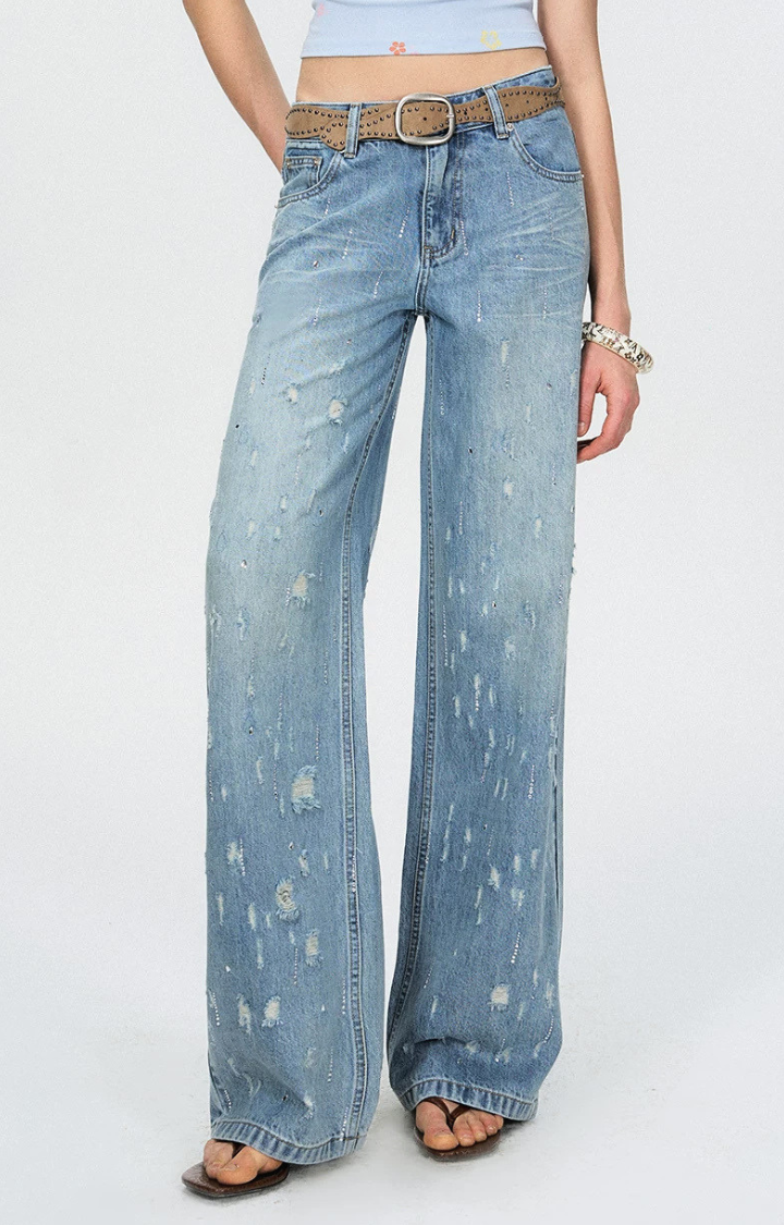 FADED SKY LOOSE STRAIGHT DENIM PANTS