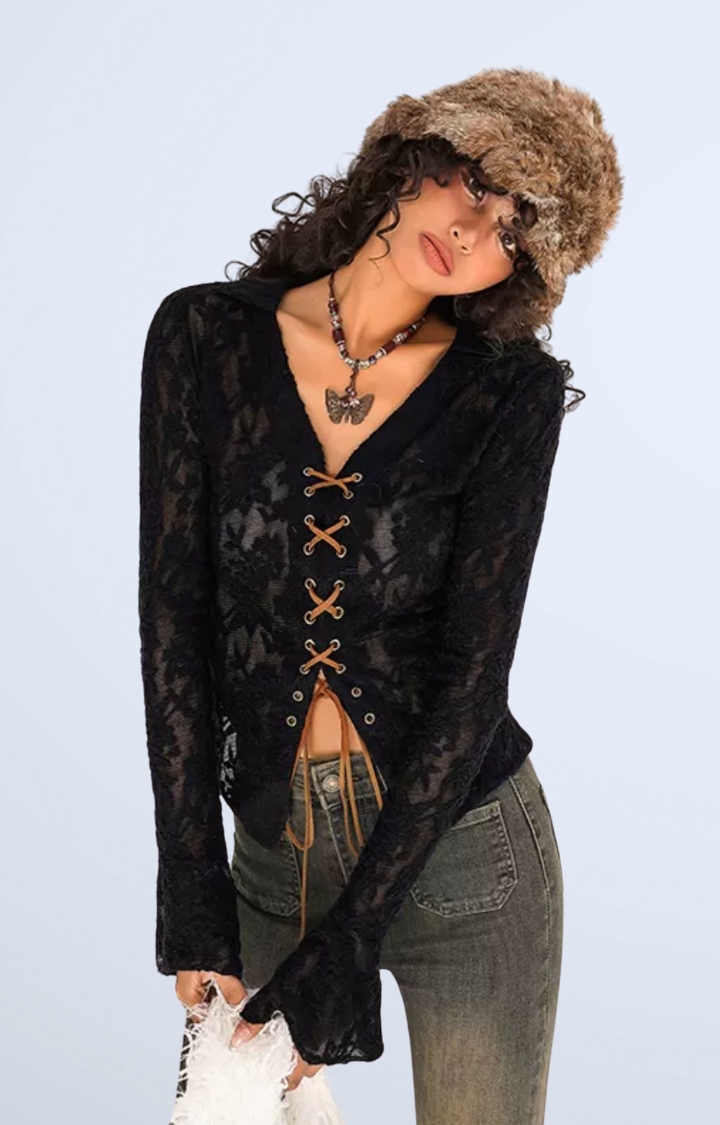 VELVET RUIN LACE-UP GOTHIC BLOUSE IN BLACK