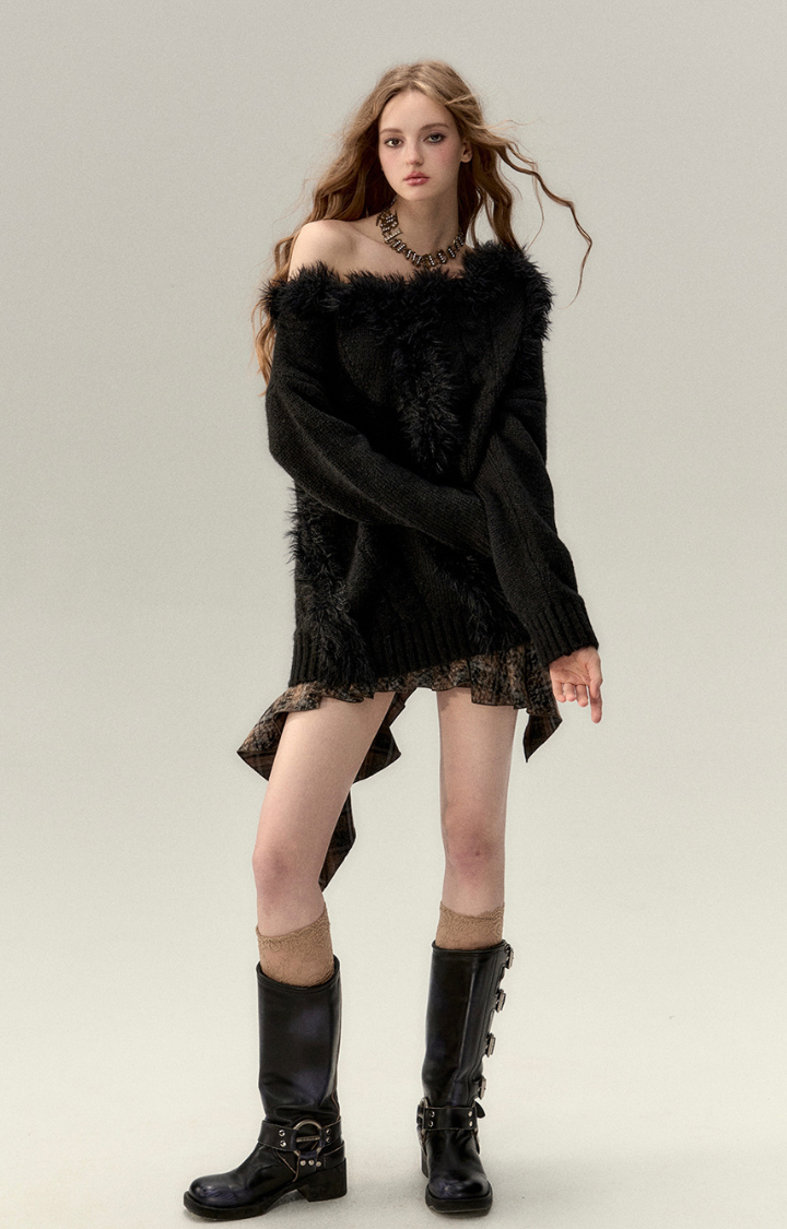 FUZZY TEMPTATION OFF-SHOULDER KNIT TOP IN NIGHT FOG BLACK