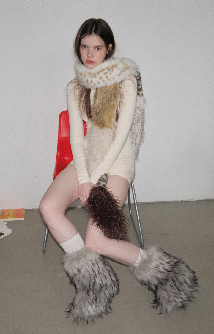 WILD WHISPERS PATCHWORK FAUX FUR SCARF IN LEOPARD BEIGE MIX