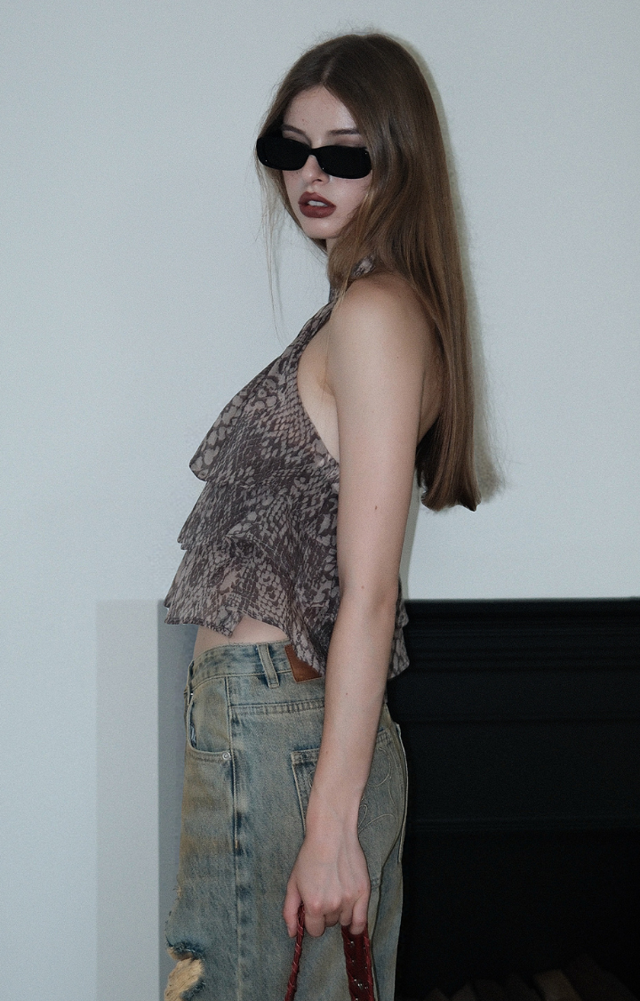 SNAKE PATTERN LAYERED RUFFLE CROP TOP