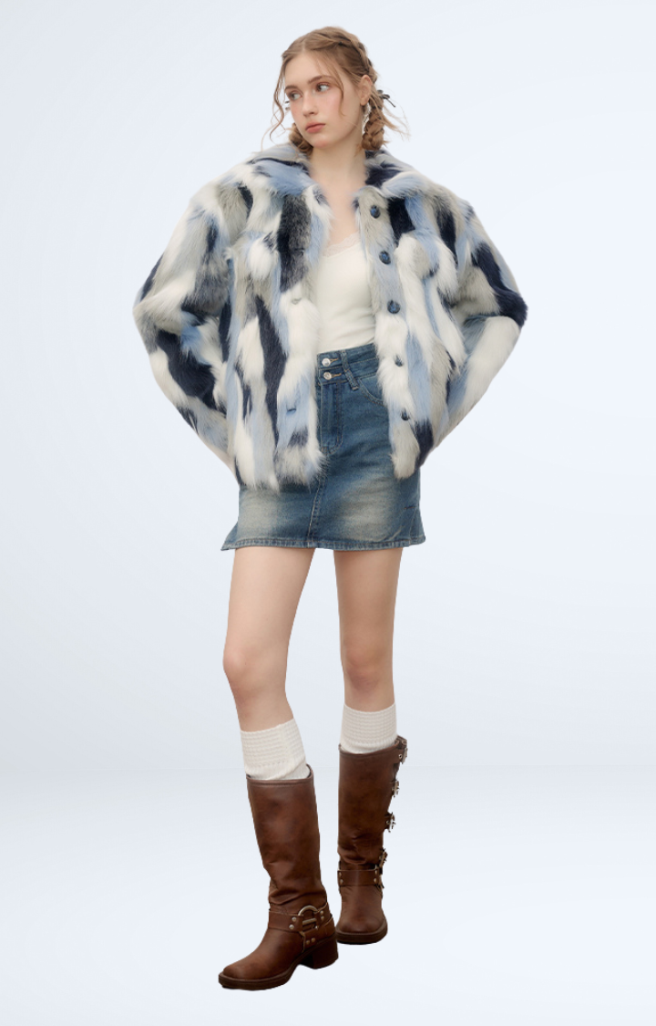 FROSTBITE MIRAGE FAUX FUR JACKET IN WHITE BLUE STORM
