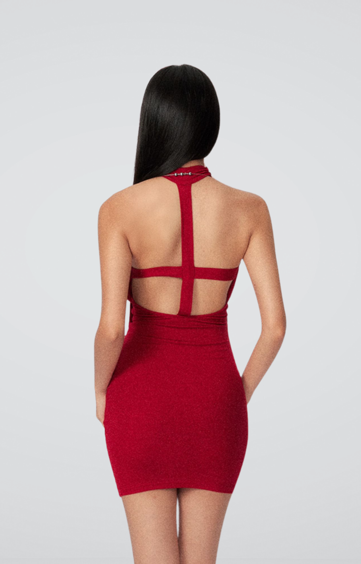 CROSSFIRE HALTER MINI DRESS IN  RED FLAME
