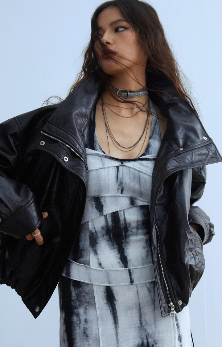 SIBERIAN CHIC DETACHABLE FAUX FUR COLLAR LEATHER JACKET