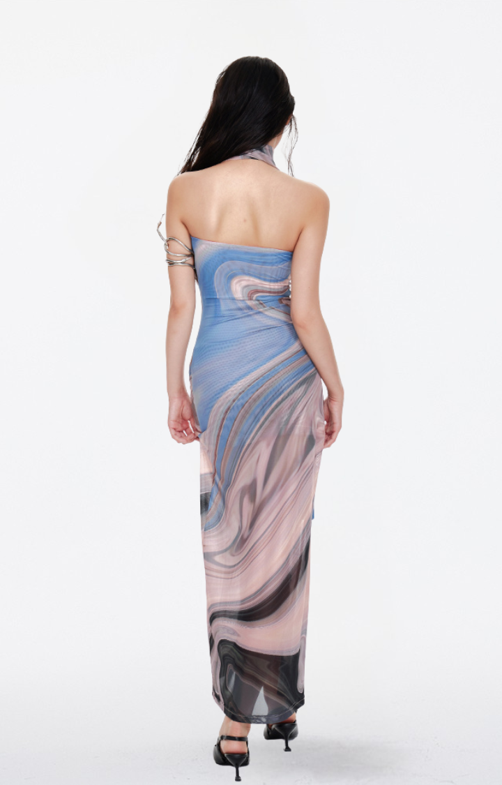 ART MESH SHEER HALTER DRESS IN IRIDESCENT DRIFT
