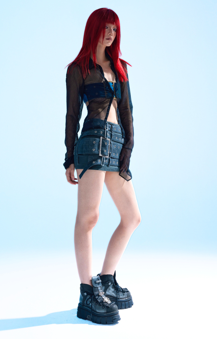 TRUE LOVE SUCKS  TRIPLE BUCKLE PUNK MINI SKIRT IN DEEP ASH CHARCOAL