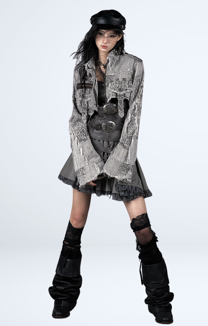ASH GREY STRIPED RAW EDGE CROPPED JACKET