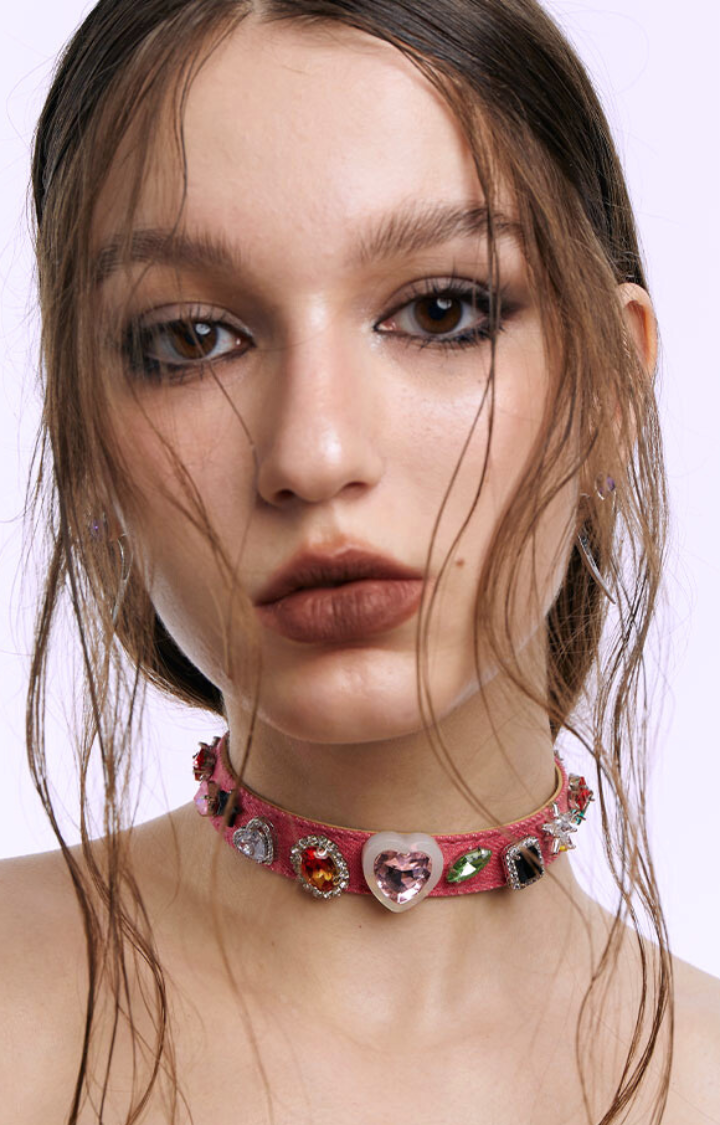 DOPAMINE PINK DENIM HEART GEM CHOKER