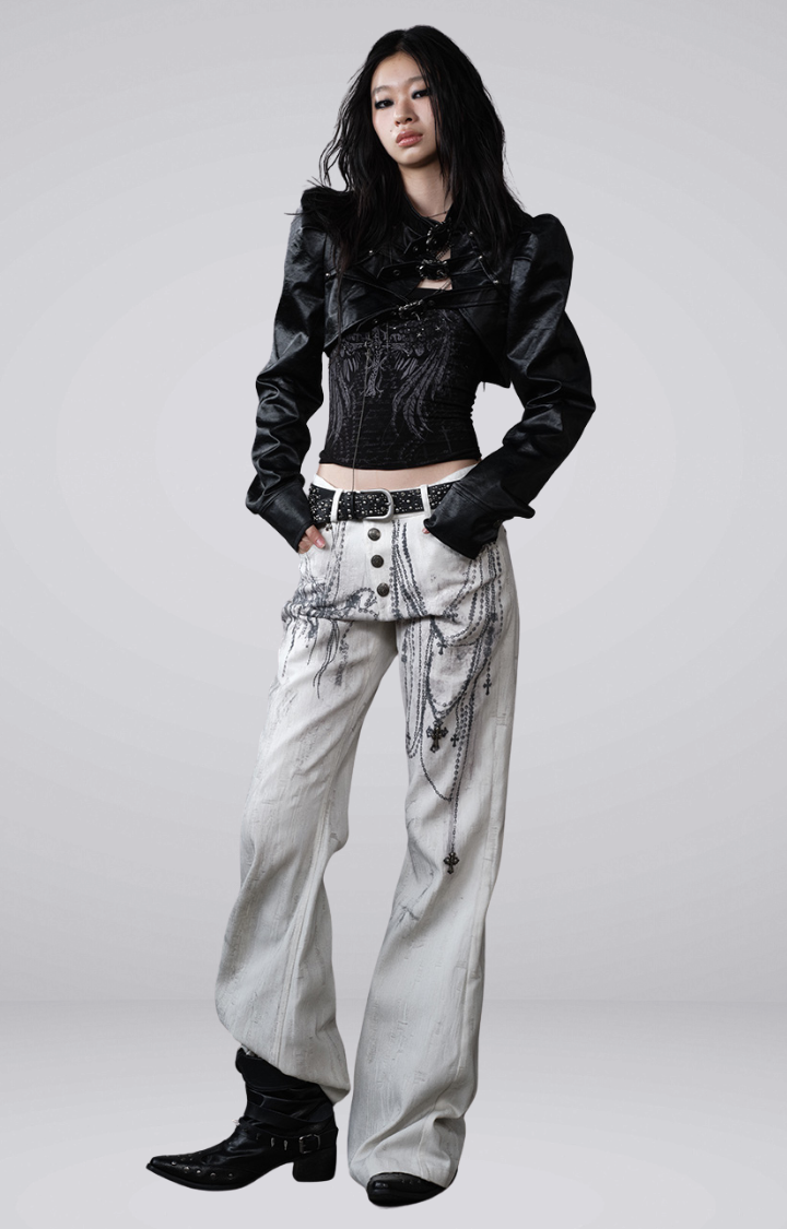 CHAIN GRAFFITI FLARED WIDE-LEG JEANS IN DIRTY WHITE