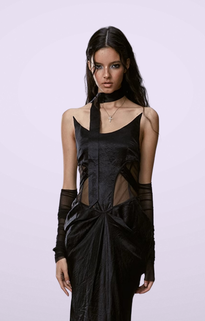 TWILIGHT VEINS MESH-CUT MAXI DRESS IN BLACK WIDOW NIGHT