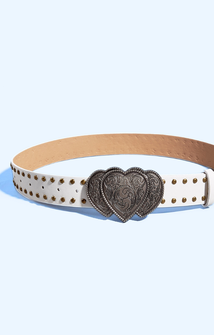 TRIPLE HEART STUDDED BELT - ICE QUEEN WHITE