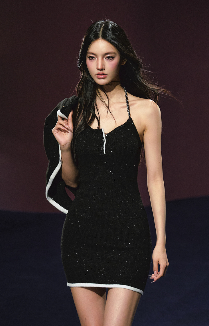 GALAXY TWEED GLITTER HALTER MINI DRESS