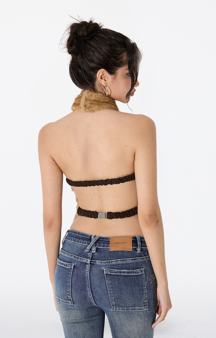 CARAMEL SMOKE FUZZY BACKLESS HALTER TOP