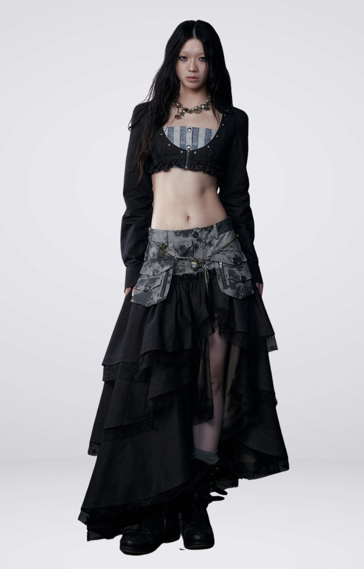 SPLICED CARGO CAKE SKIRT IN DENIM BLACK & ARMY GREEN