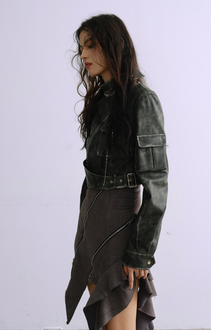 REBEL ECLIPSE CROPPED MOTO JACKET  FADED GREEN