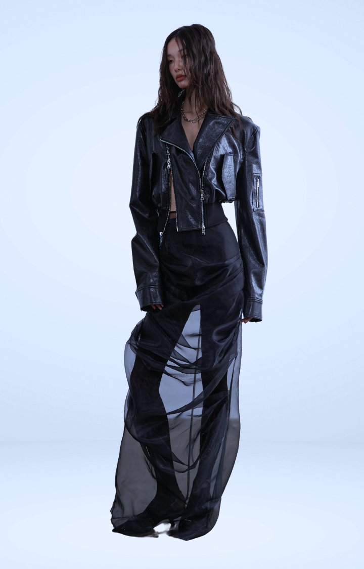DECONSTRUCTED ZIPPER DETAIL PU LEATHER MOTO JACKET