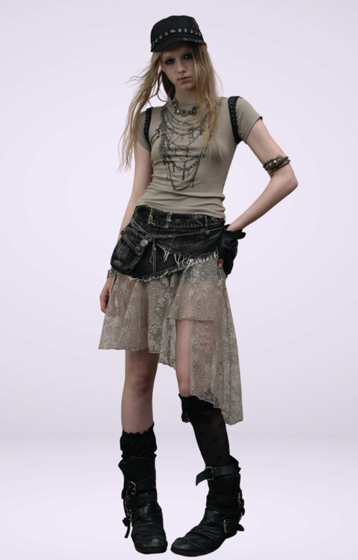 PATCHWORK LACE DISTRESSED DENIM SKIRT-PANTS IN WASHED BLACK