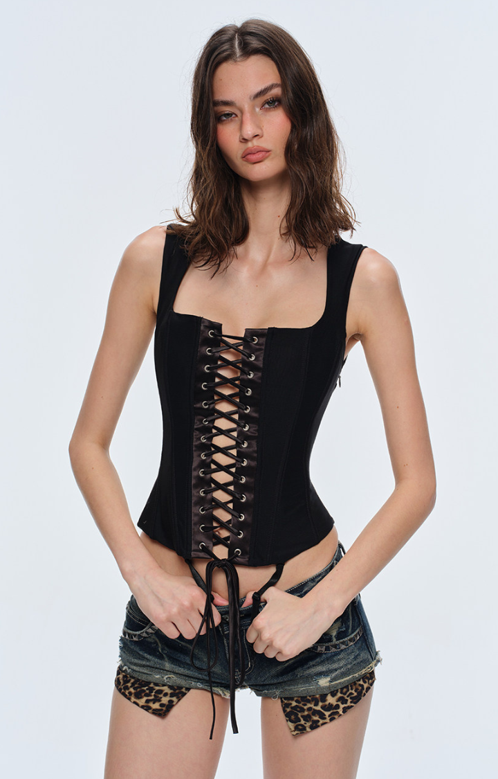 BAD HABIT LACE-UP CORSET TOP IN BLACK
