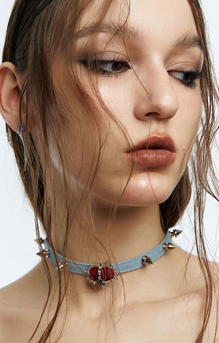 RIVET RED GEM DENIM CHOKER
