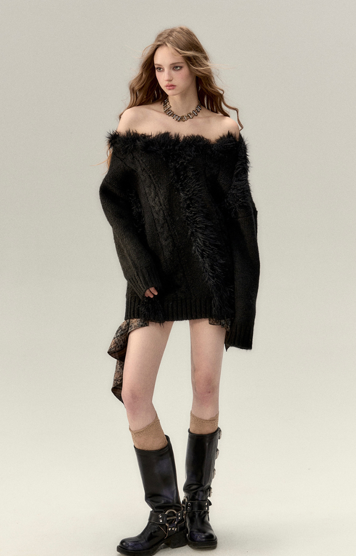 FUZZY TEMPTATION OFF-SHOULDER KNIT TOP IN NIGHT FOG BLACK