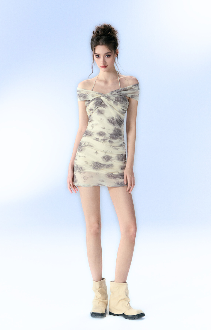 BLOOM VEIL BACKLESS MINI DRESS IN MIST PETALS
