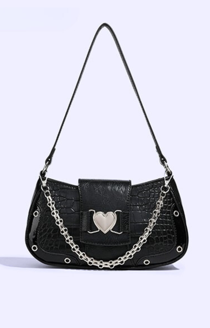 HEART LOCK CHAIN SHOULDER BAG - KNIGHT BLACK
