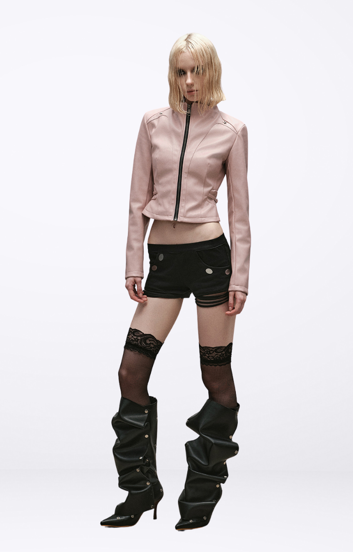 RIOT CANDY CROPPED MOTO JACKET IN BLUSH PINK