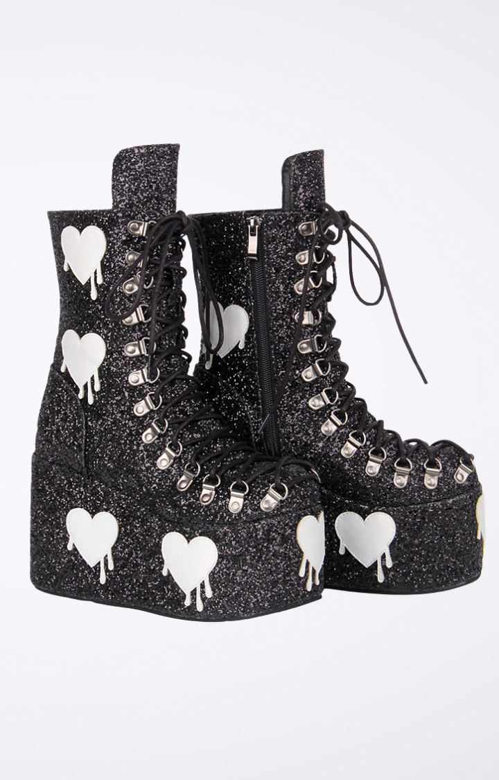 HEART DRIP GLITTER PLATFORM BOOTS - WHITE SPARKLE