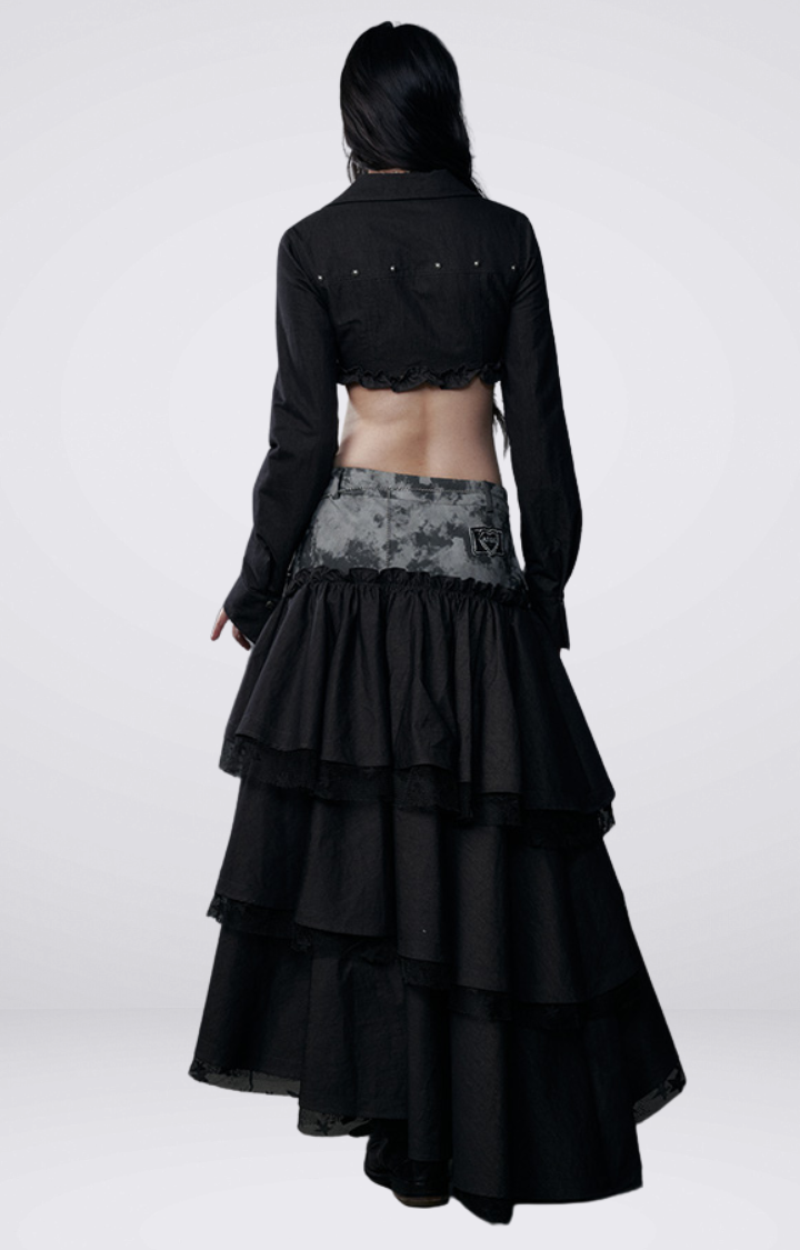 SPLICED CARGO CAKE SKIRT IN DENIM BLACK & ARMY GREEN