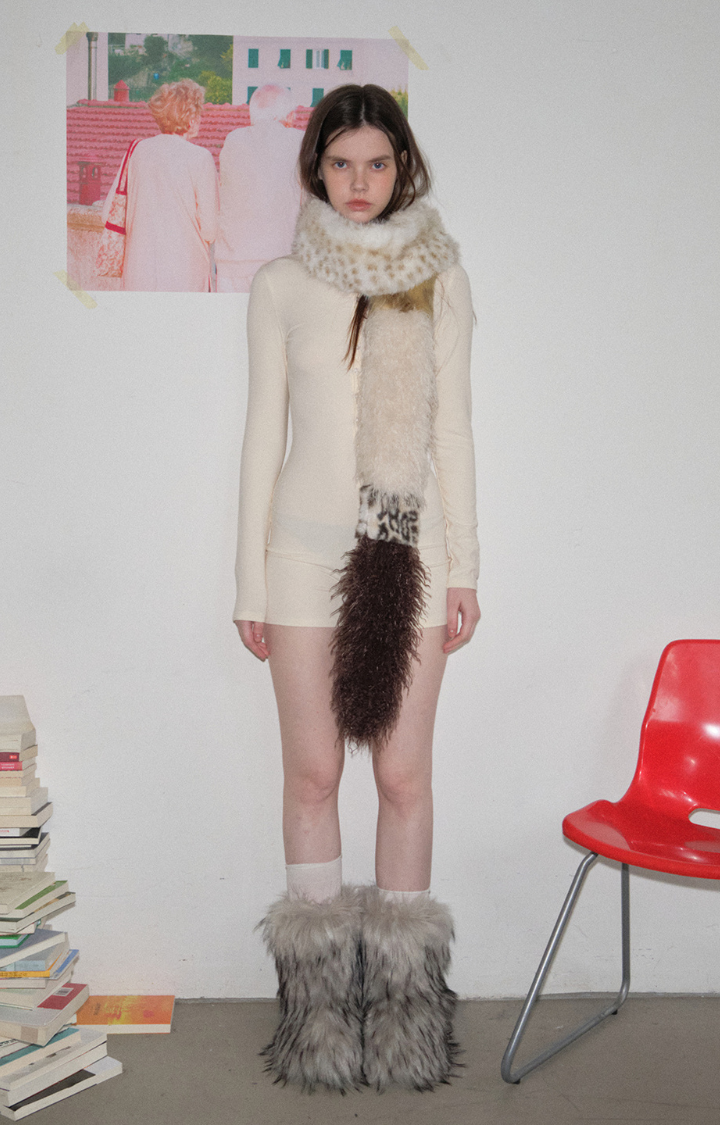 WILD WHISPERS PATCHWORK FAUX FUR SCARF IN LEOPARD BEIGE MIX