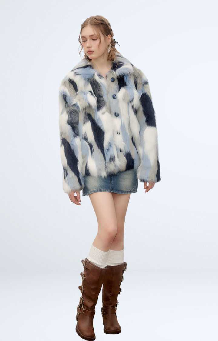 FROSTBITE MIRAGE FAUX FUR JACKET IN WHITE BLUE STORM