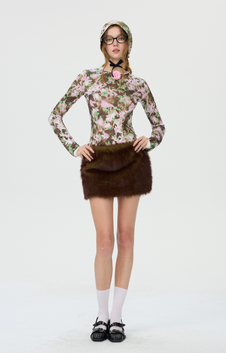 FAUX-FUR LOW-RISE MINI SKIRT IN FOREST-MOSS BLEND