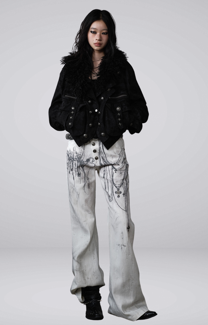 CHAIN GRAFFITI FLARED WIDE-LEG JEANS IN DIRTY WHITE