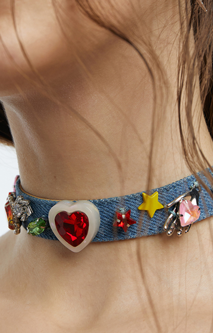 DOPAMINE BLUE DENIM HEART GEM CHOKER