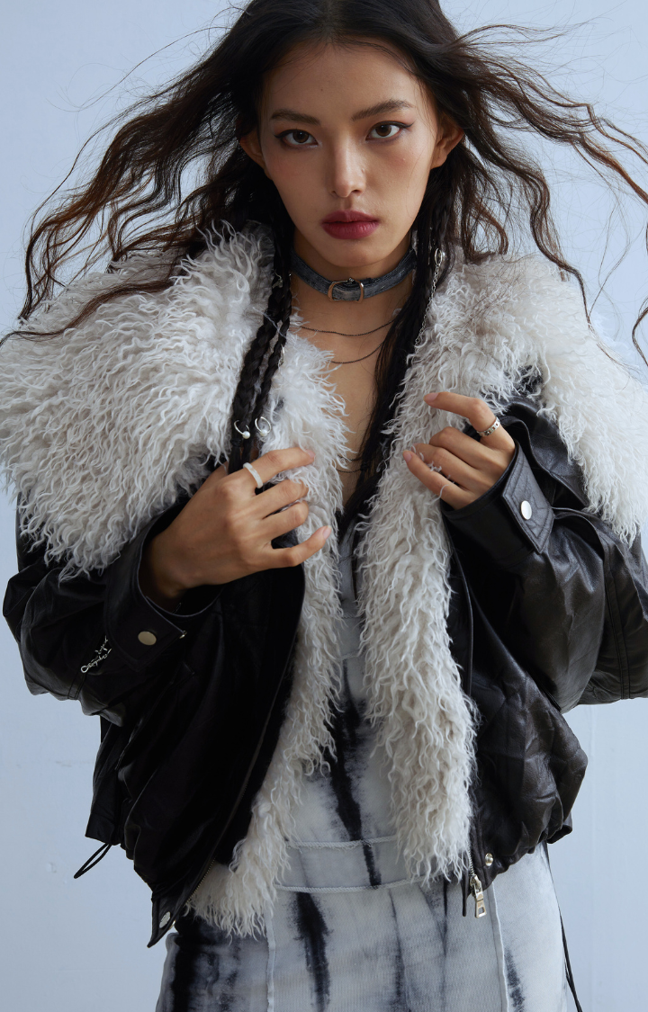 SIBERIAN CHIC DETACHABLE FAUX FUR COLLAR LEATHER JACKET