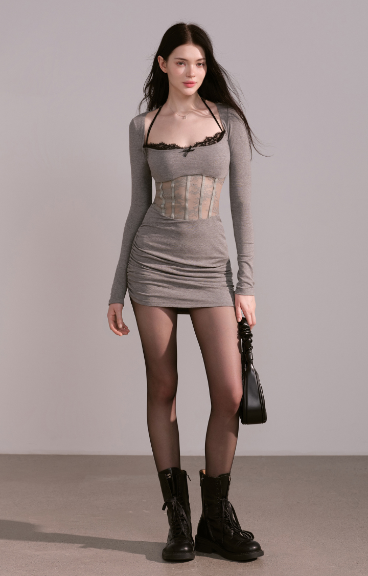 SULTRY CORSET-WAIST LACE TRIM MINI DRESS