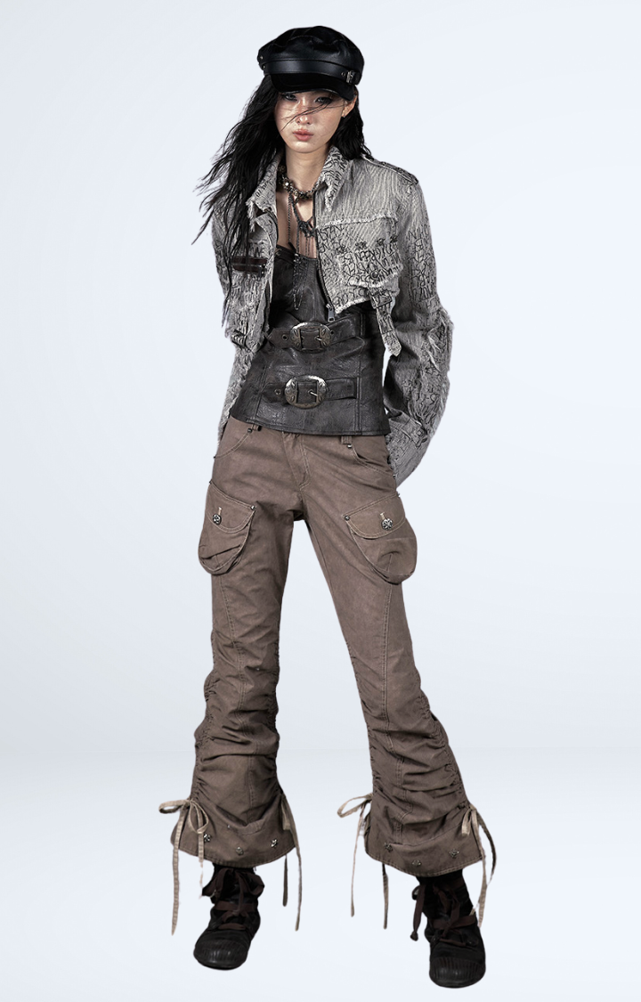 ASH GREY STRIPED RAW EDGE CROPPED JACKET