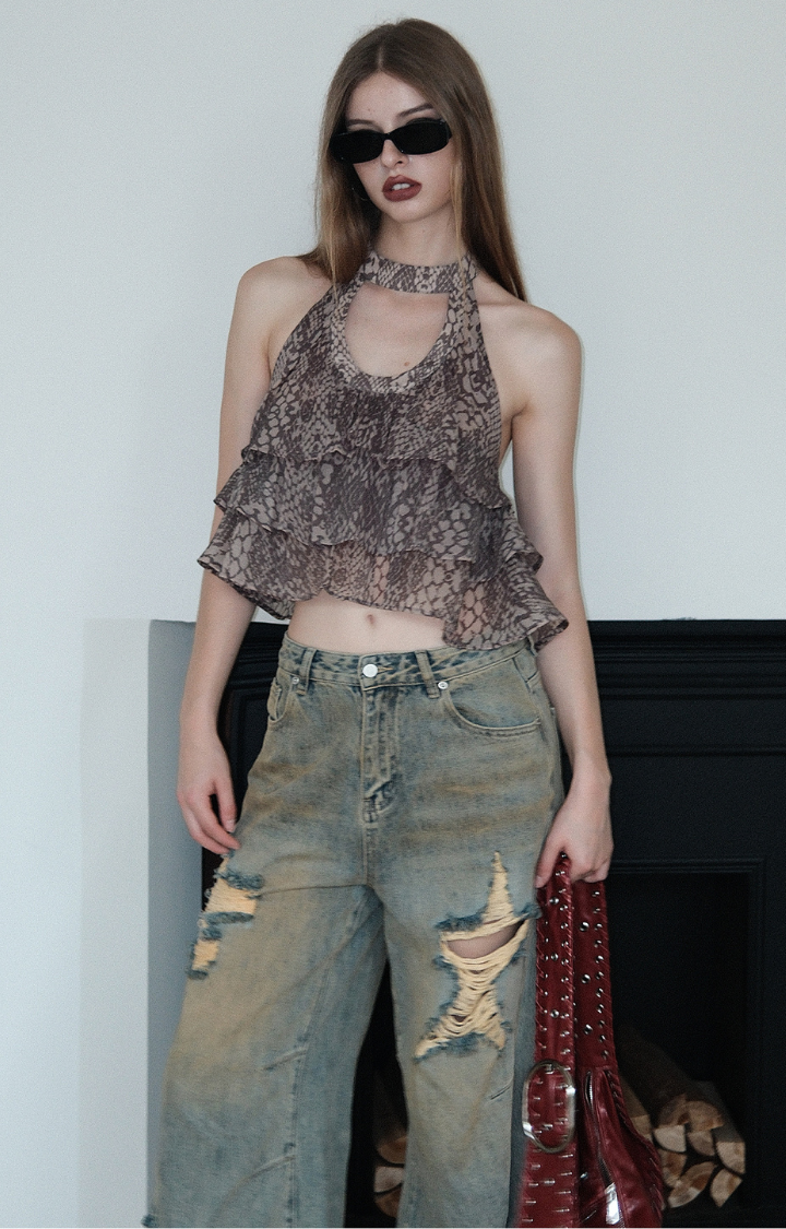 SNAKE PATTERN LAYERED RUFFLE CROP TOP