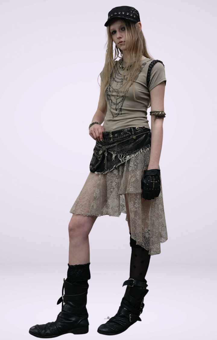 PATCHWORK LACE DISTRESSED DENIM SKIRT-PANTS IN WASHED BLACK