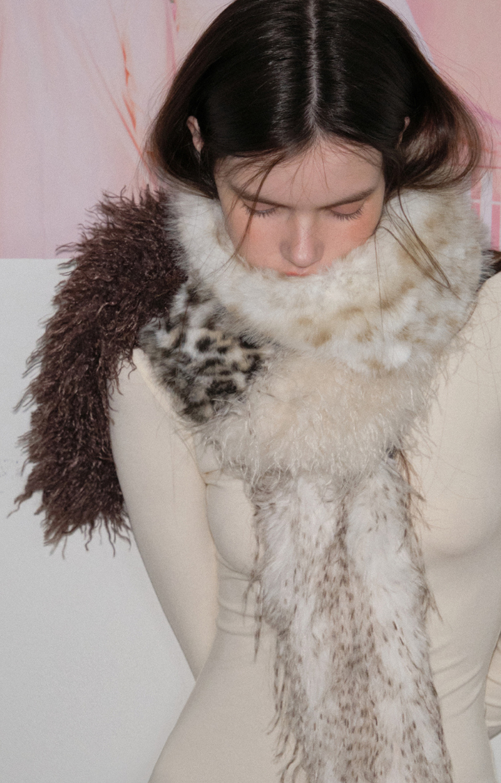 WILD WHISPERS PATCHWORK FAUX FUR SCARF IN LEOPARD BEIGE MIX