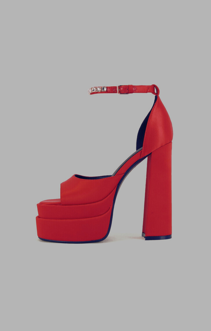 RIOT SATIN GEM-STRAP ULTRA PLATFORMS IN SCARLET BLAZE