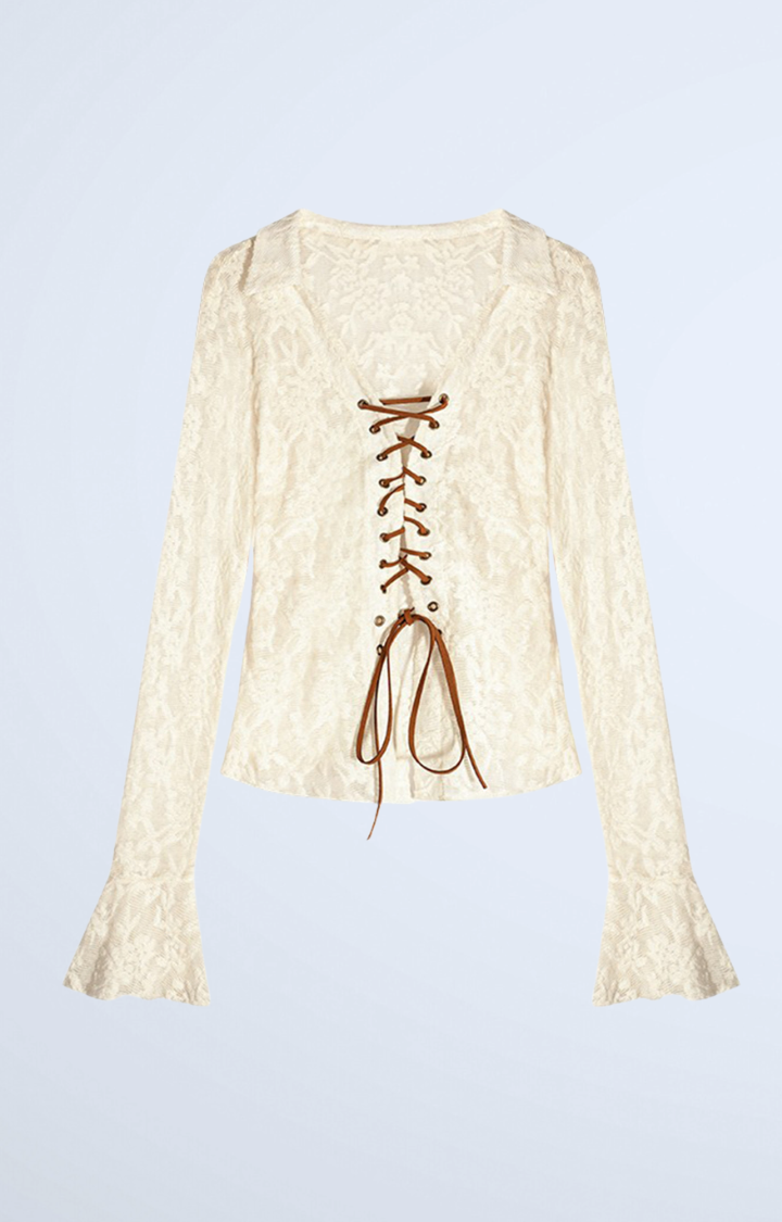 VELVET RUIN LACE-UP GOTHIC BLOUSE IN OFF-WHITE