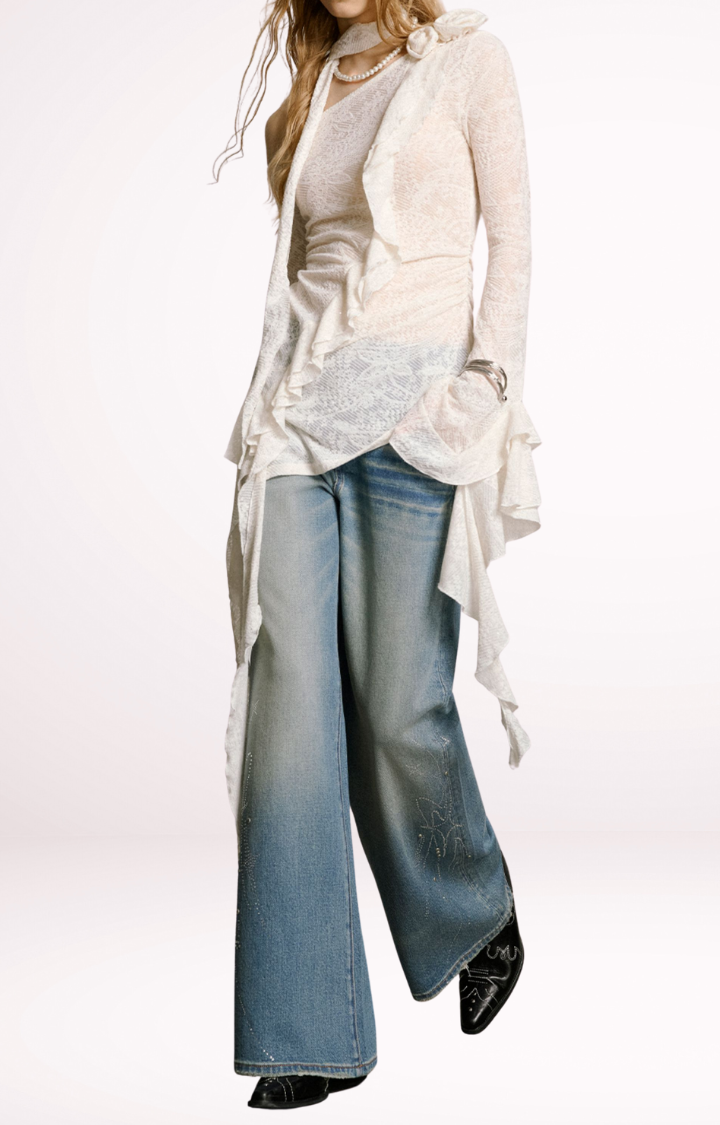 STARDUST RHINESTONE HIGH-WAIST WIDE LEG JEANS IN LIGHT WASH