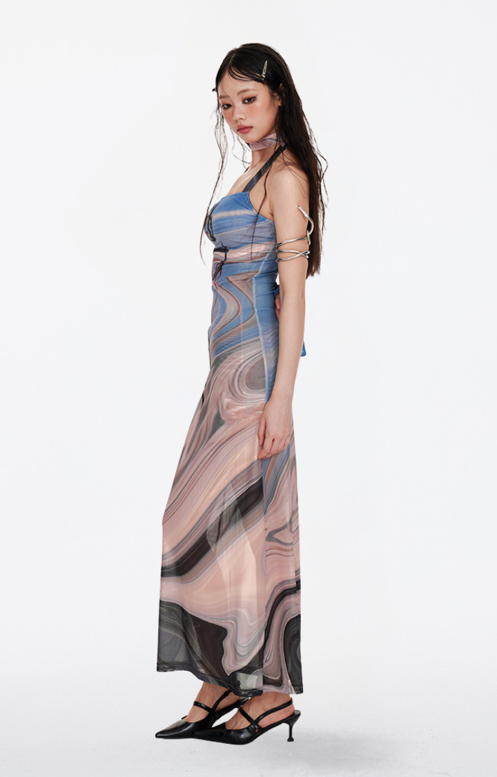 ART MESH SHEER HALTER DRESS IN IRIDESCENT DRIFT