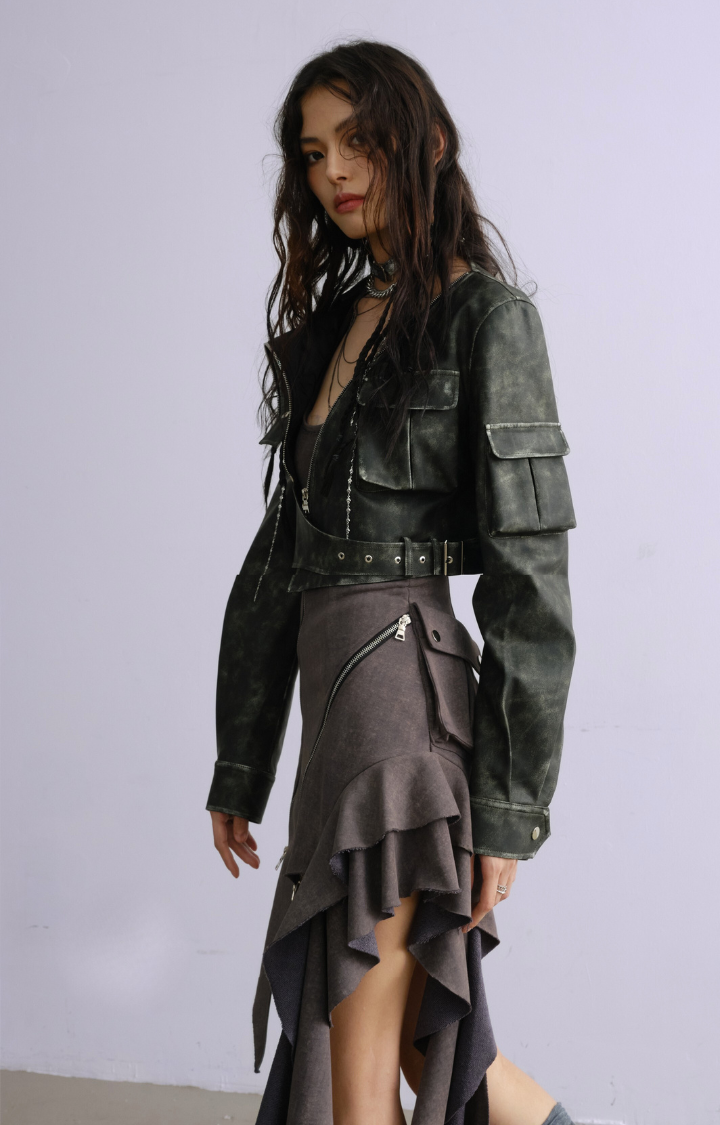 REBEL ECLIPSE CROPPED MOTO JACKET  FADED GREEN