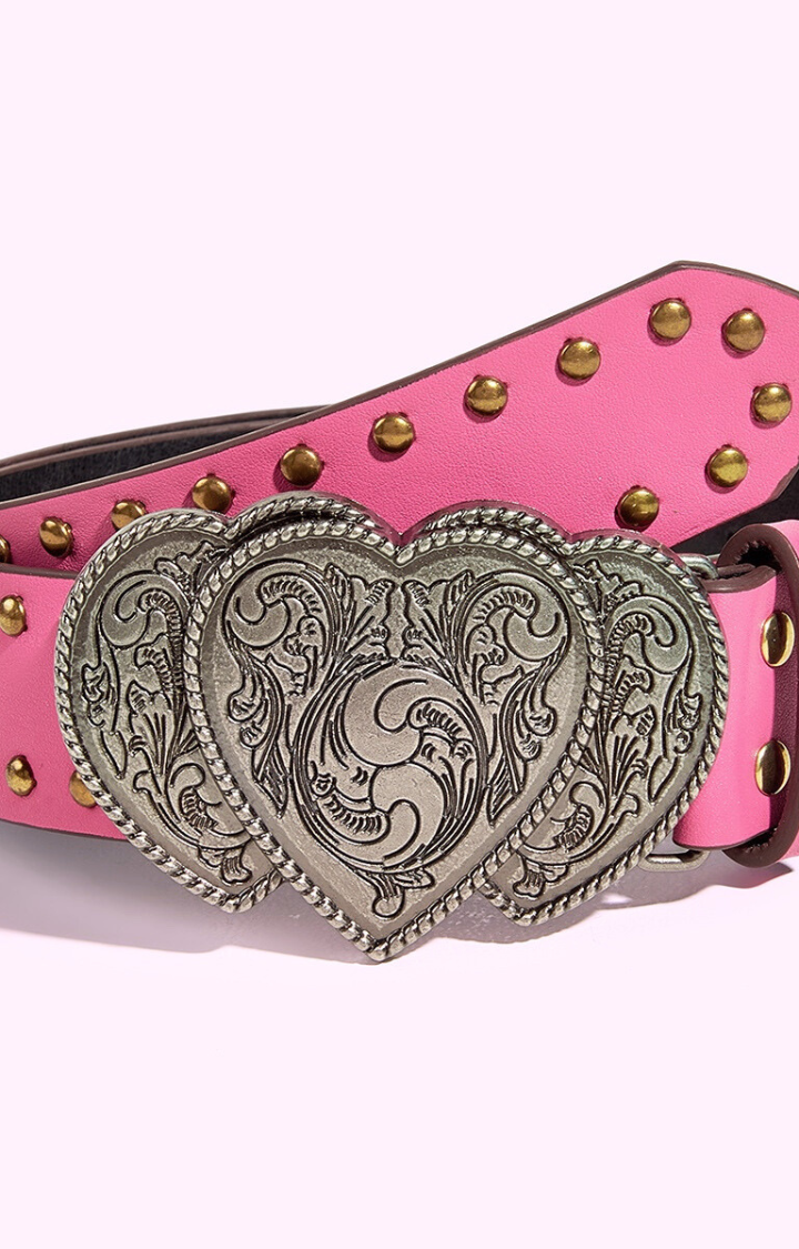 TRIPLE HEART STUDDED BELT - HOT BRAT PINK