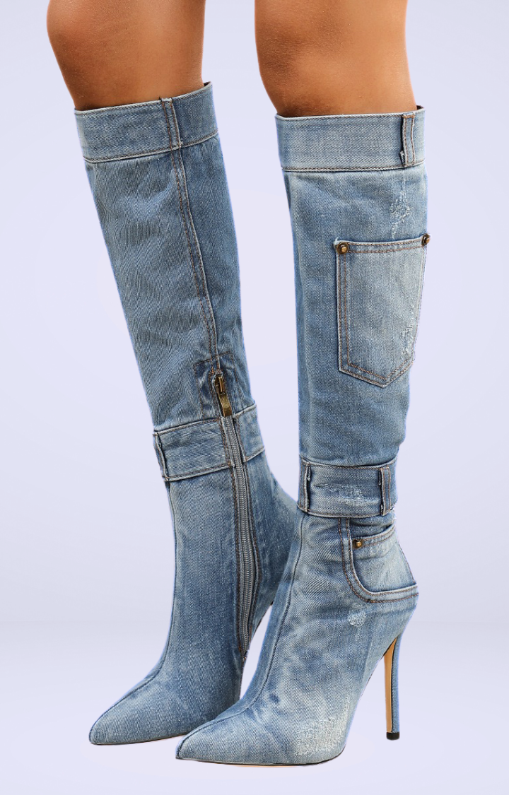 BLEACHED VENOM WASHED DENIM KNEE BOOTS