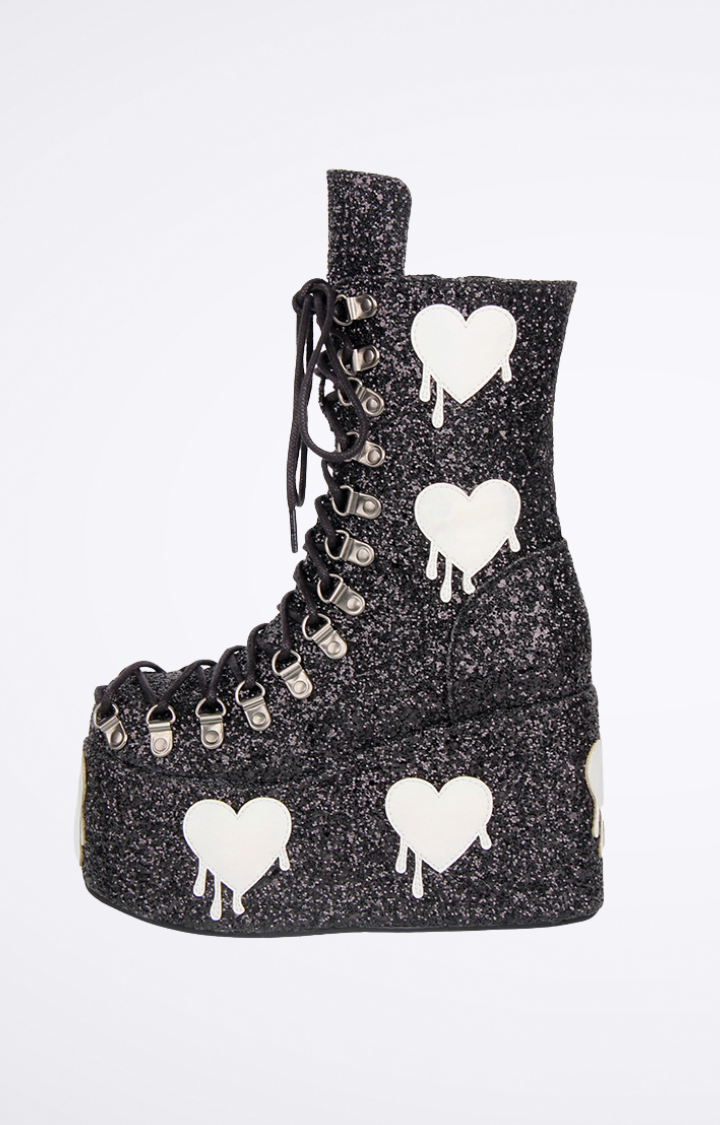 HEART DRIP GLITTER PLATFORM BOOTS - WHITE SPARKLE